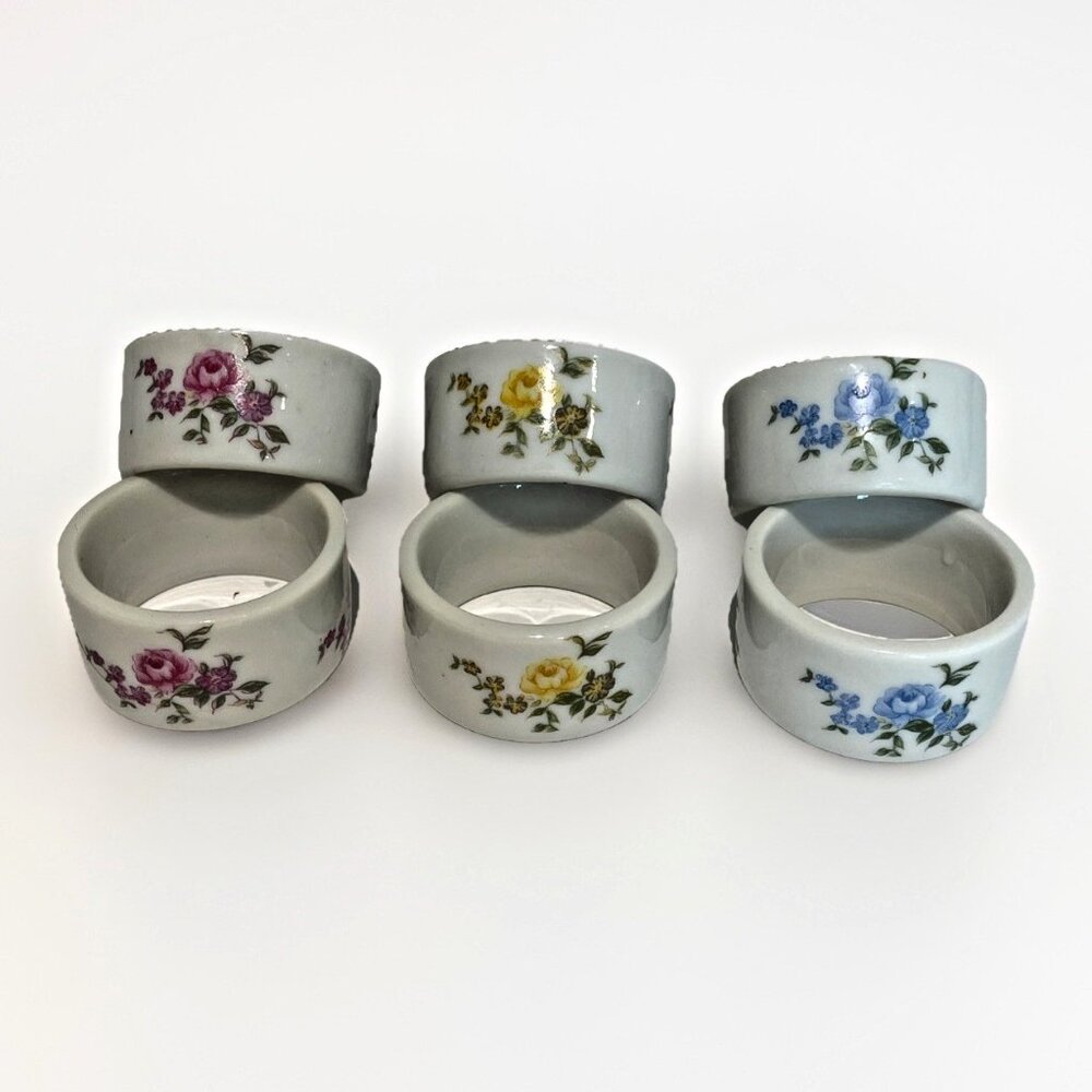 Vintage 1950s Shafford Rose Napkin Rings Set of 6 Porcelain Floral Elegant Japan